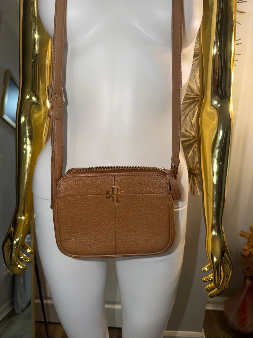 Tory Burch Tan Pebbled Leather Crossbody with Gold Logo